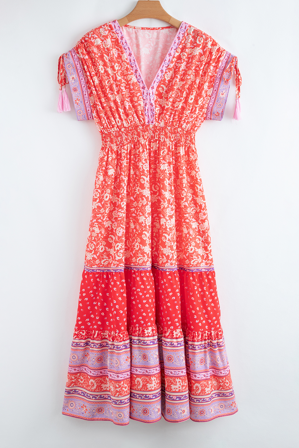 Floral Print Tasseled Tied Sleeve Empire Waist Maxi Dress