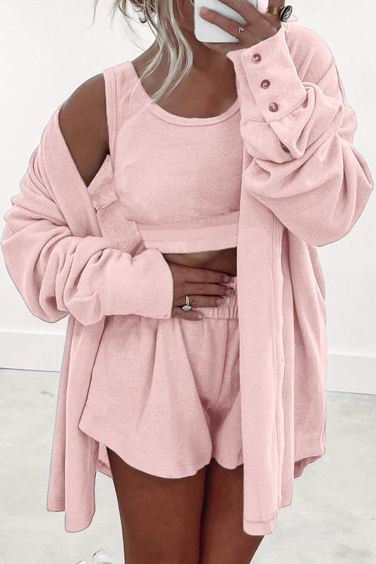 3 Pcs Crop Tank Top Shorts with Cardigan Lounge Set