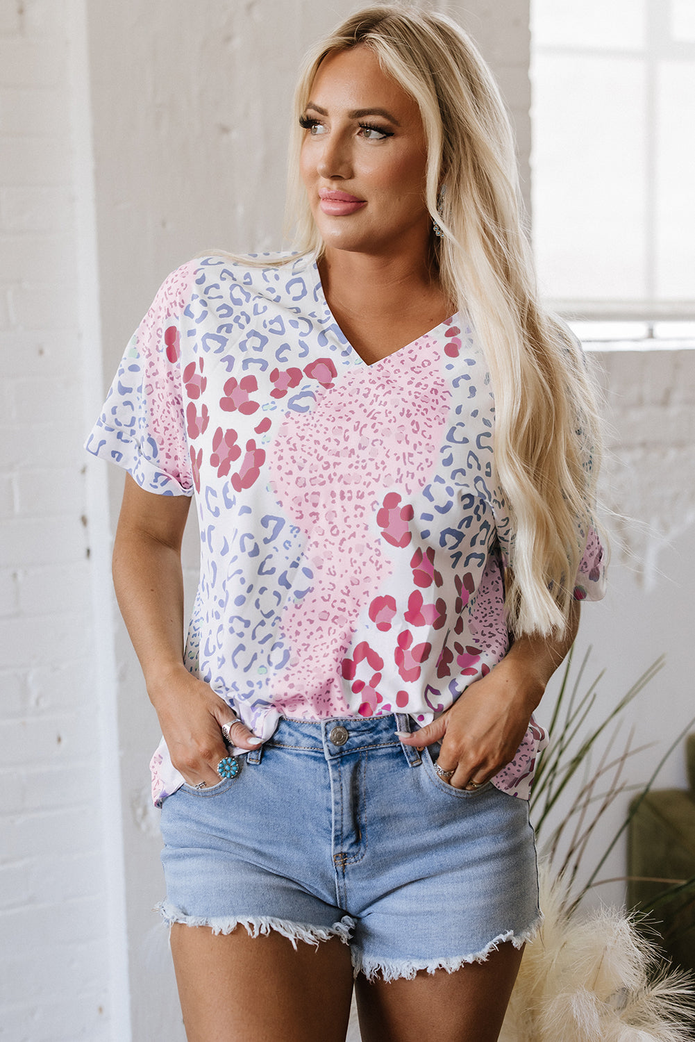 Mixed Leopard Print V Neck Short Sleeve Blouse