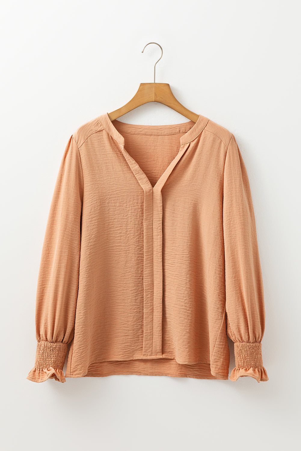 Solid Color Shirred Cuff Notch V Neck Blouse