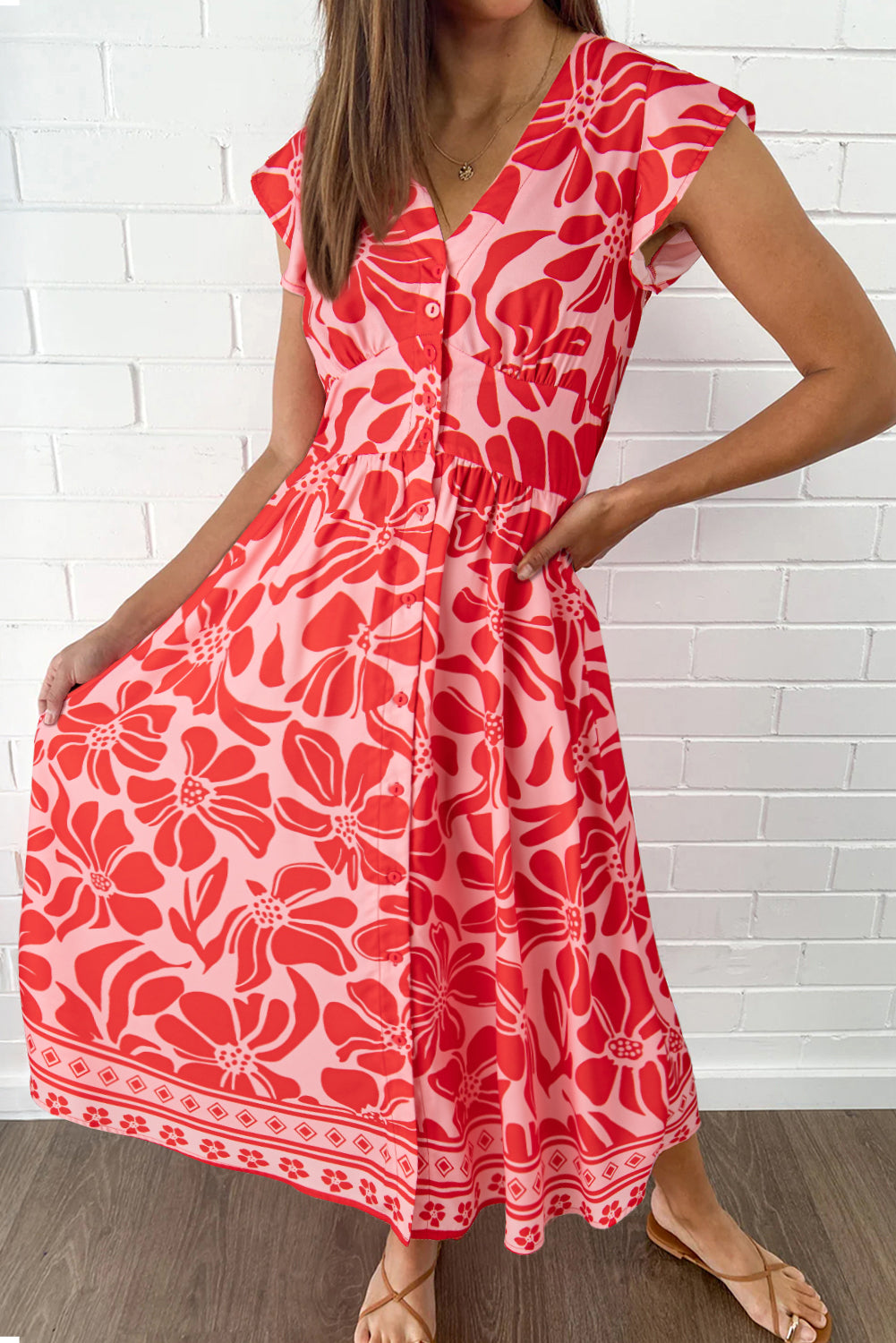Boho Floral Short Sleeve V Neck Buttoned Shirred Waist Long Dress