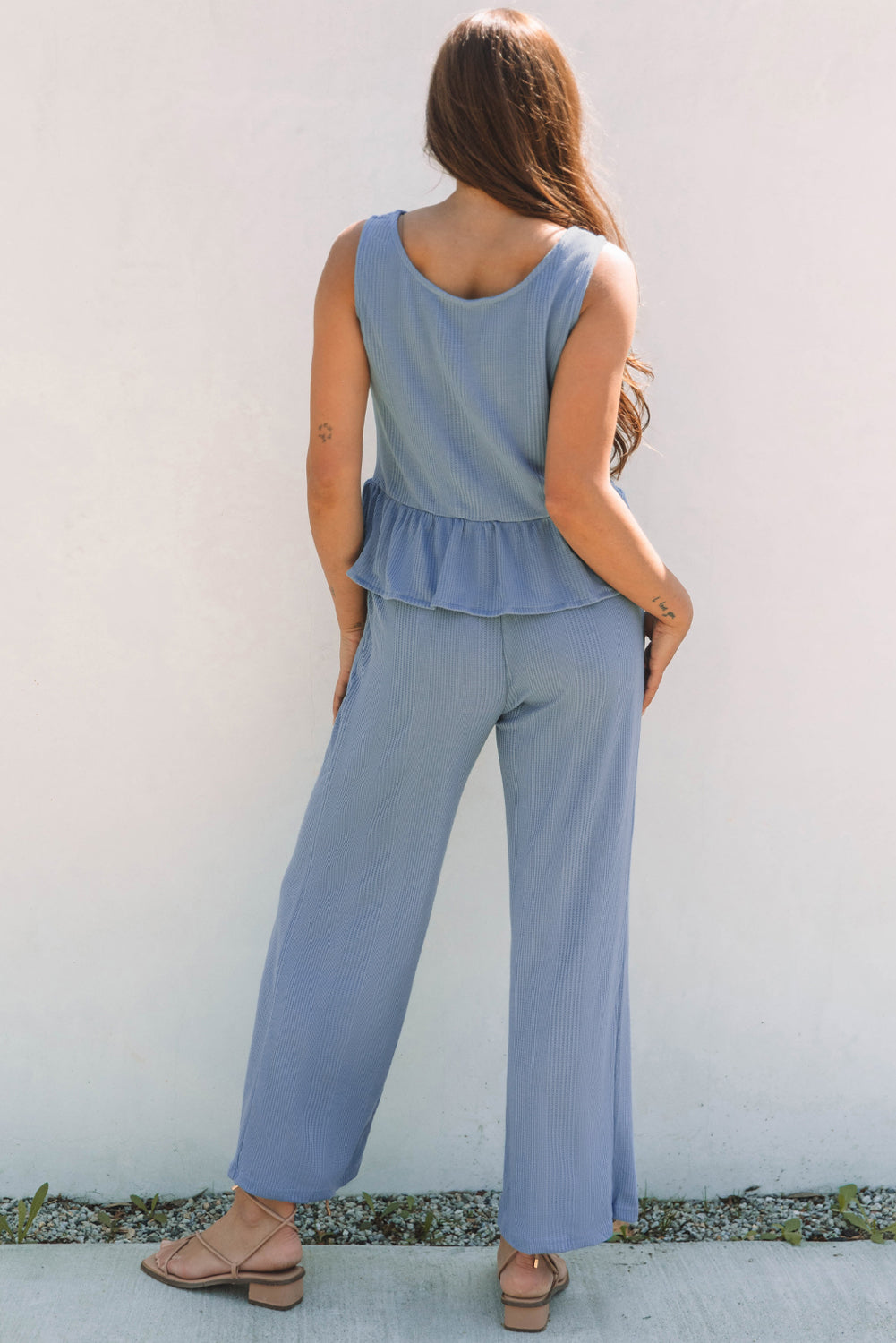 Solid Color Ribbed Ruffle Tank Top and Pants Set