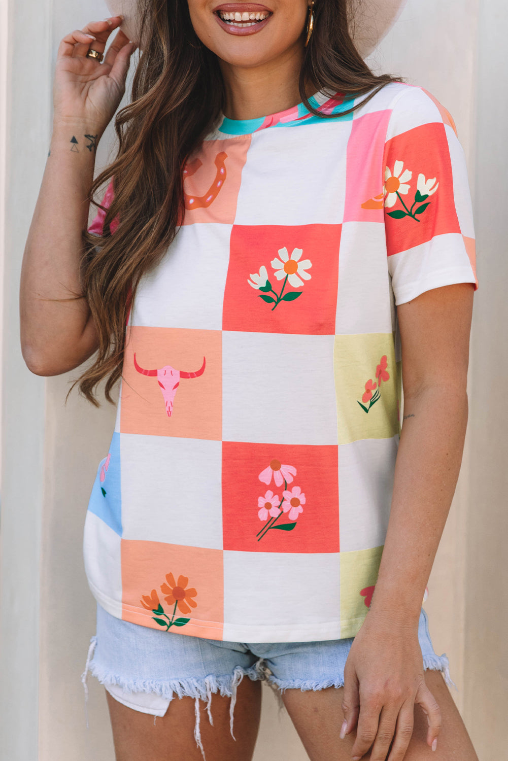 Western Fashion Checker Print Crewneck T Shirt