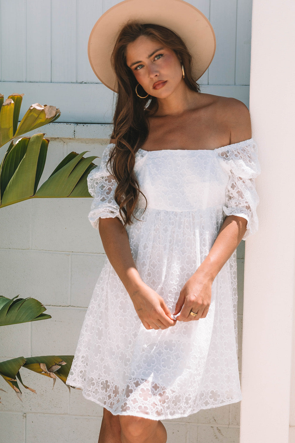 Floral Lace Puff Sleeve Empire Waist Mini Dress