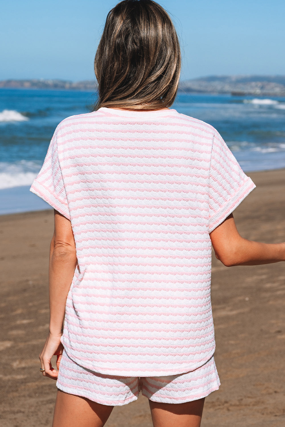 Knitted Short Sleeve Top and Drawstring Shorts Set