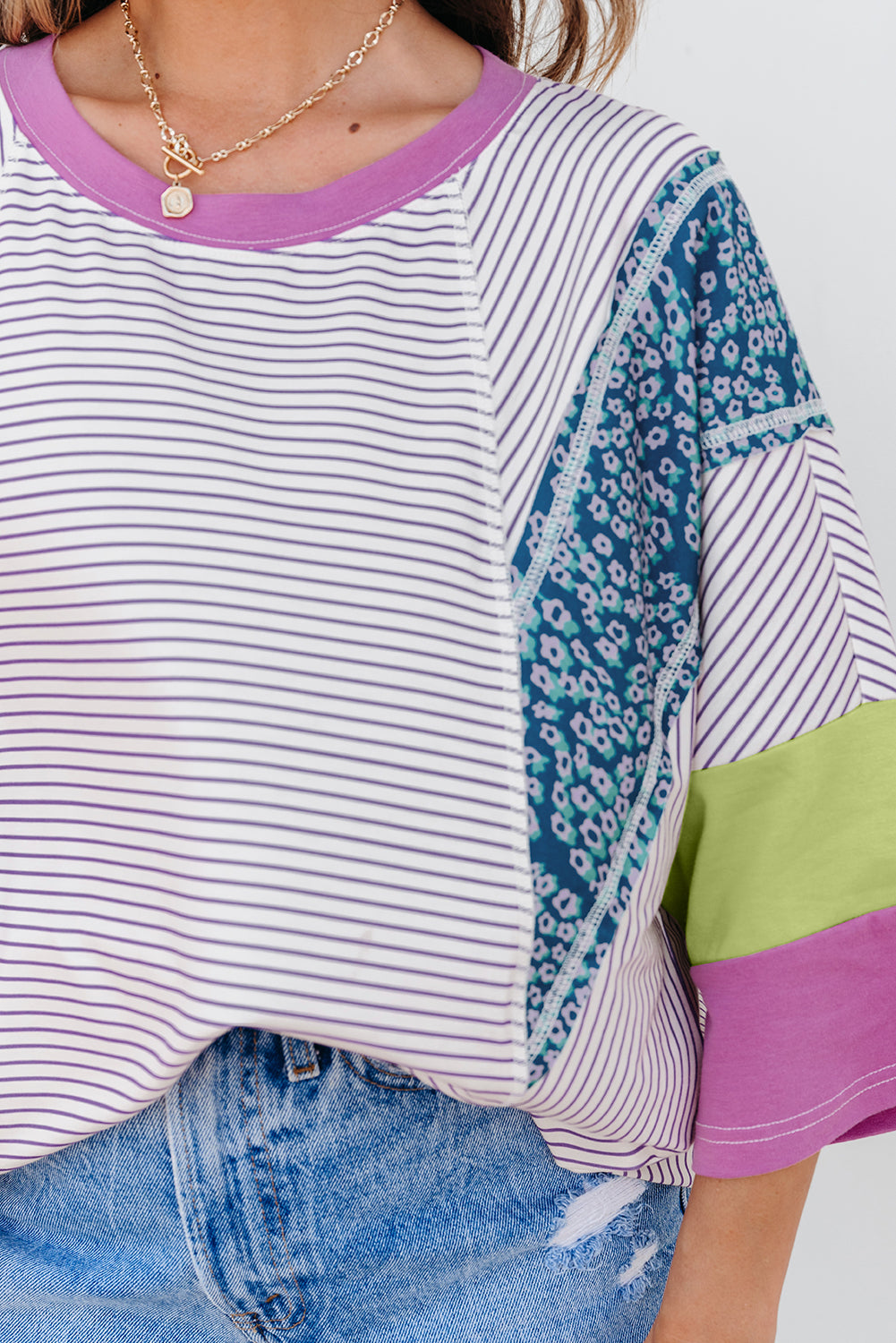 Floral Color Block Raw Edge Patchwork Bracelet Sleeve Blouse