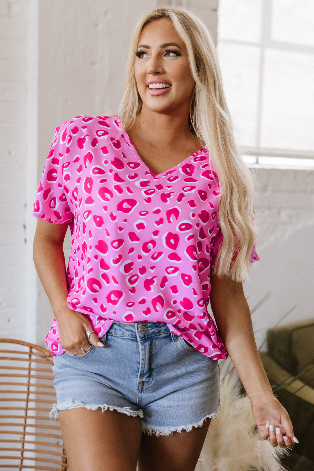 Leopard V Neck Loose Short Sleeve Top
