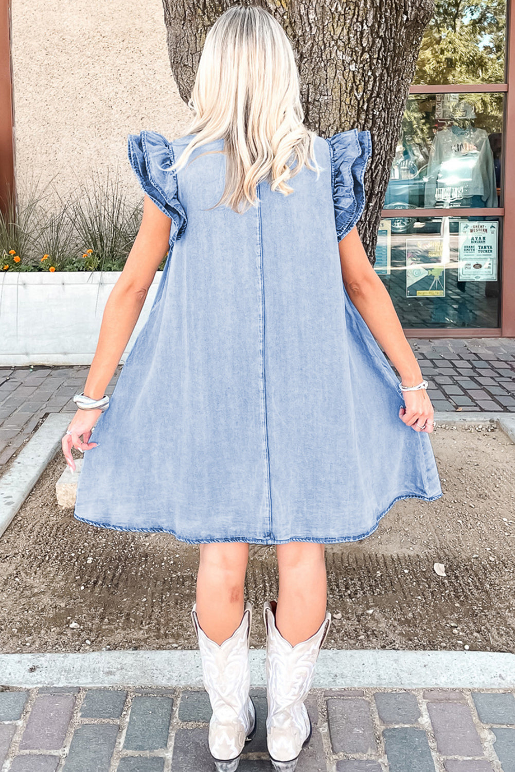 Double Ruffled Sleeves Buttoned A-line Collared Mini Denim Dress