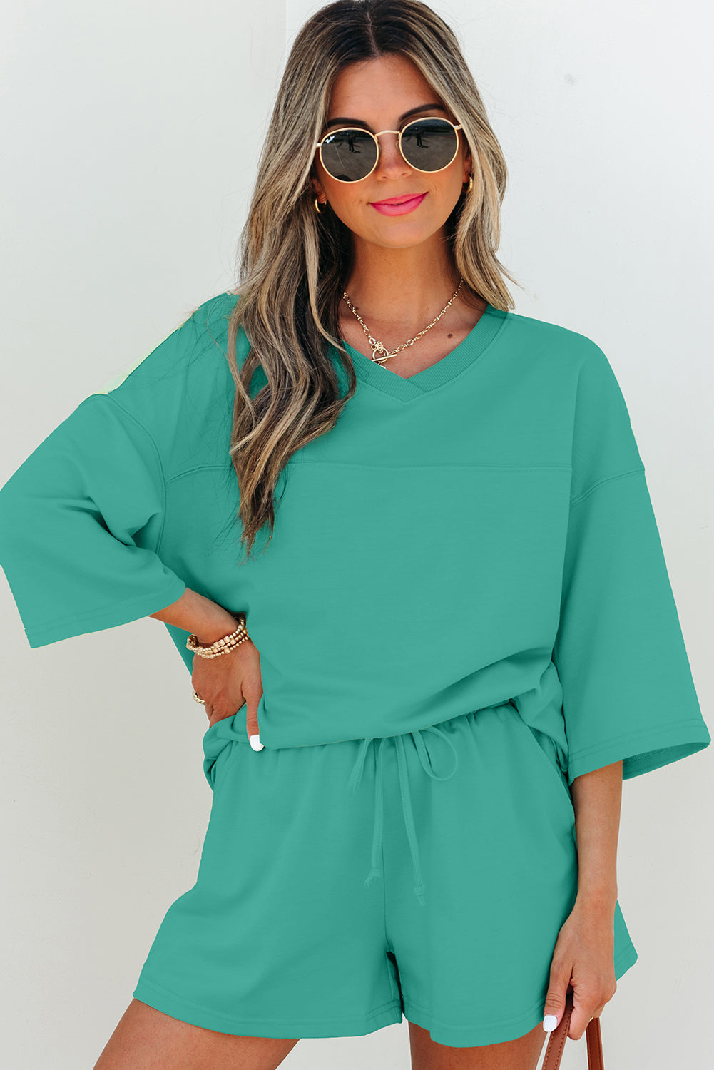 Solid Loose V Neck Half Sleeve Tee and Shorts