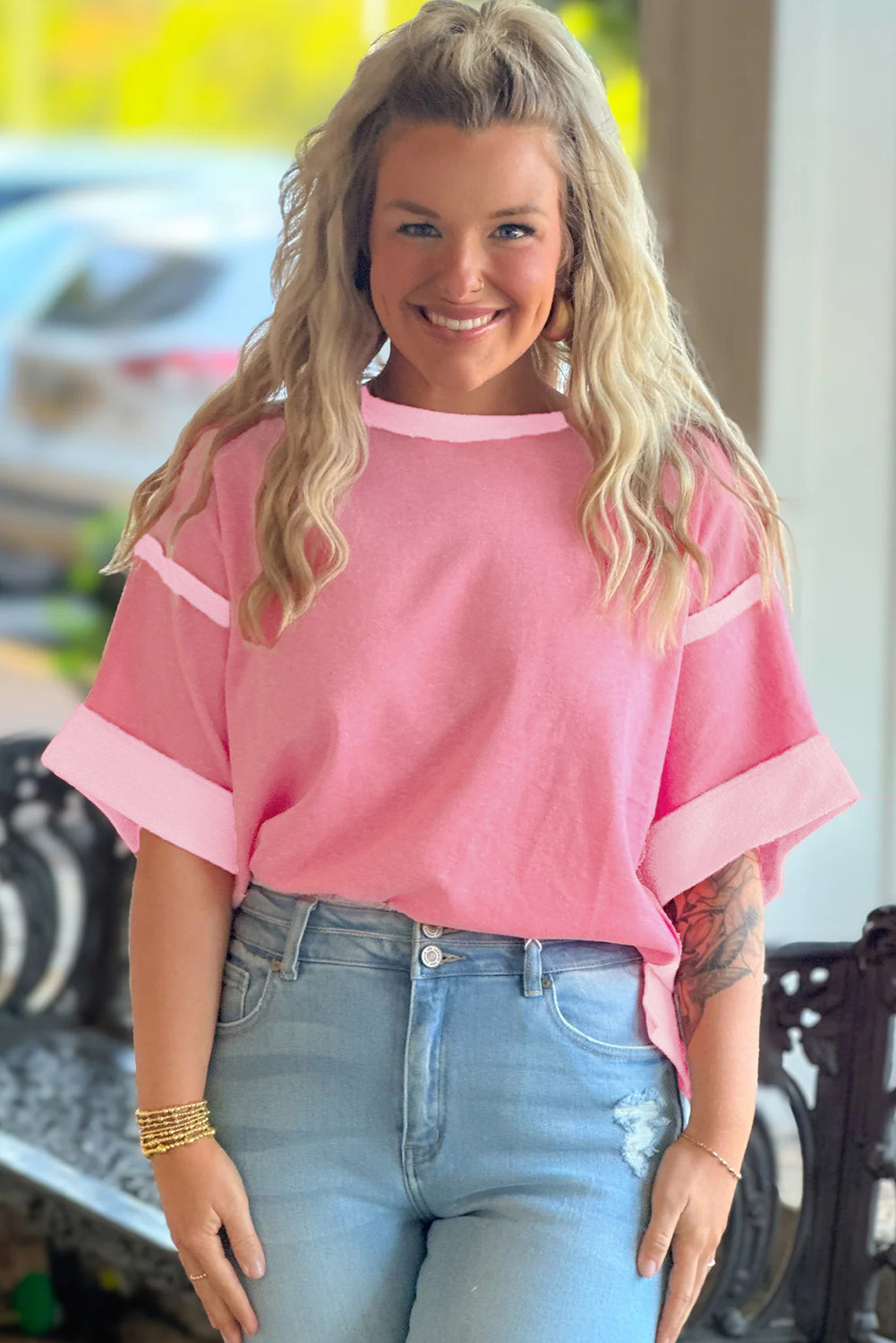 Two Tones Patchwork Half Sleeve Plus Size T Shirt
