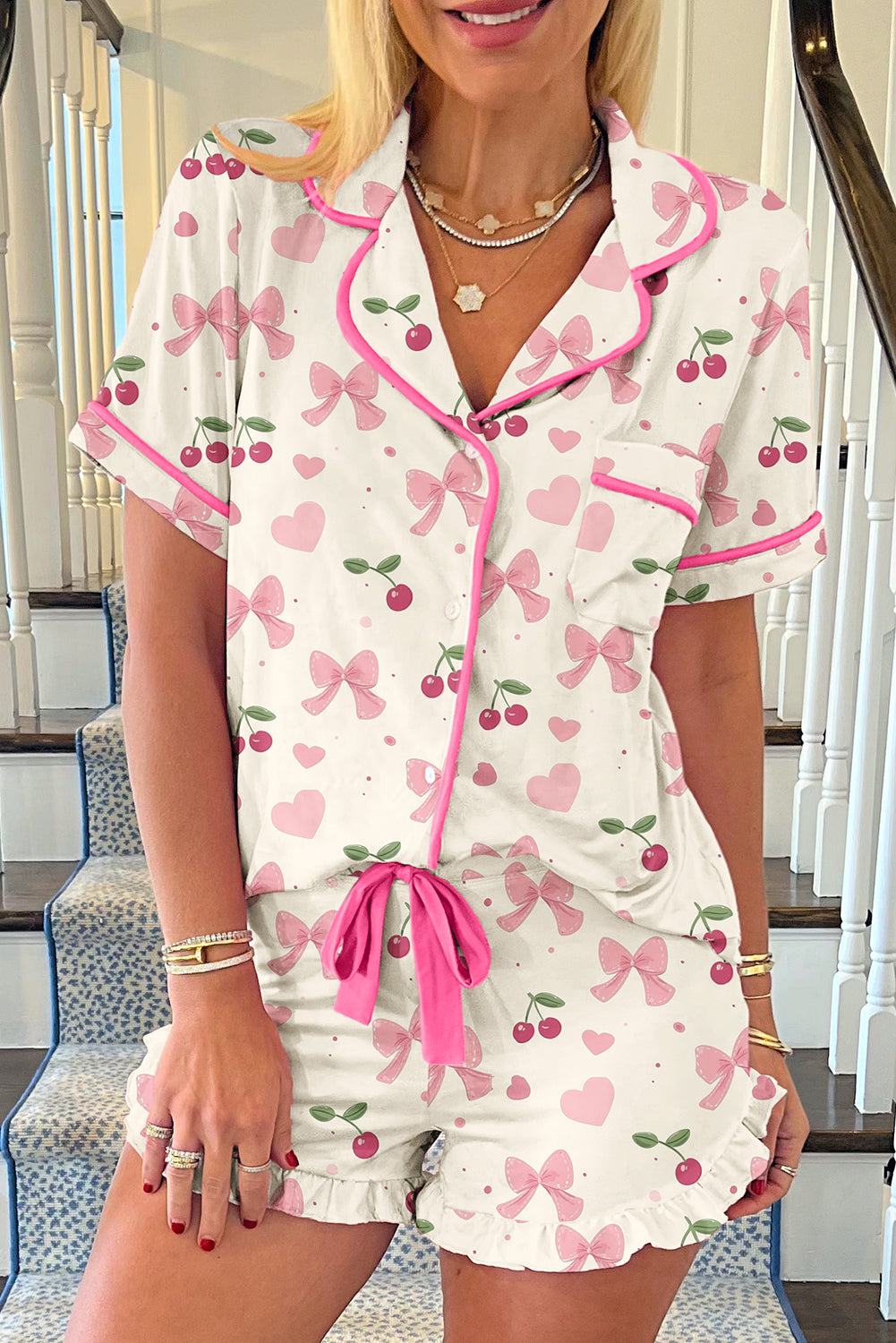 Bow Fruit Print Contrast Pipping Short Pajamas Set