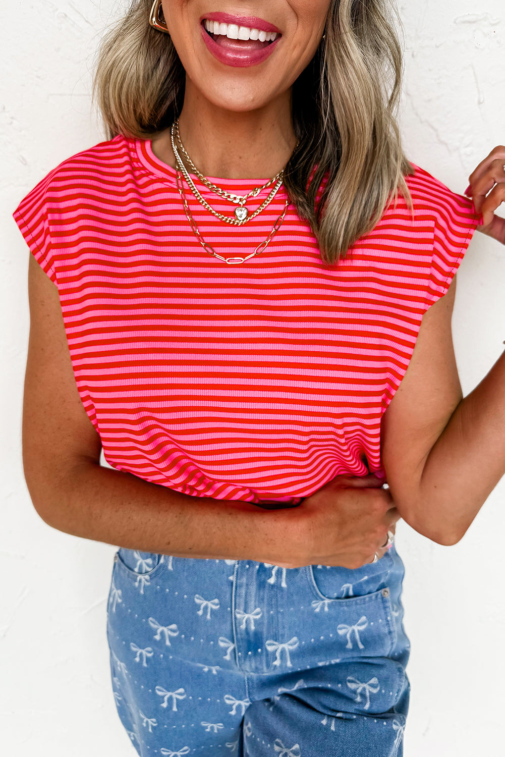 Stripe Ribbed Cap Sleeve Round Neck T Shirt