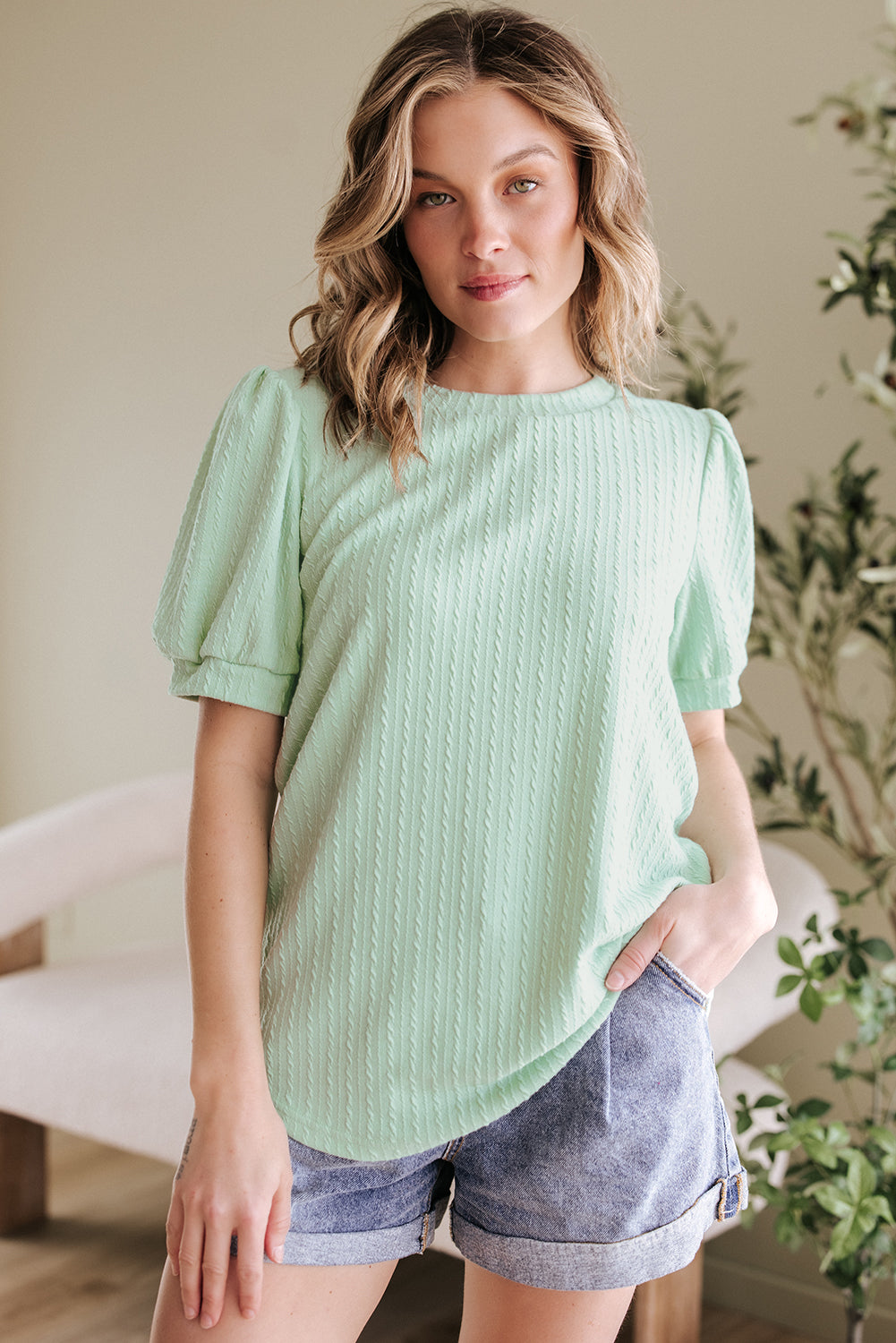 Textured Round Neck Short Puff Sleeve Top