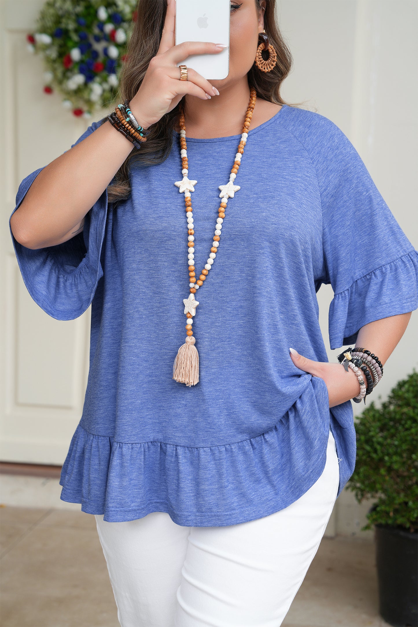 Ruffled Short Sleeve Plus Size Casual Blouse