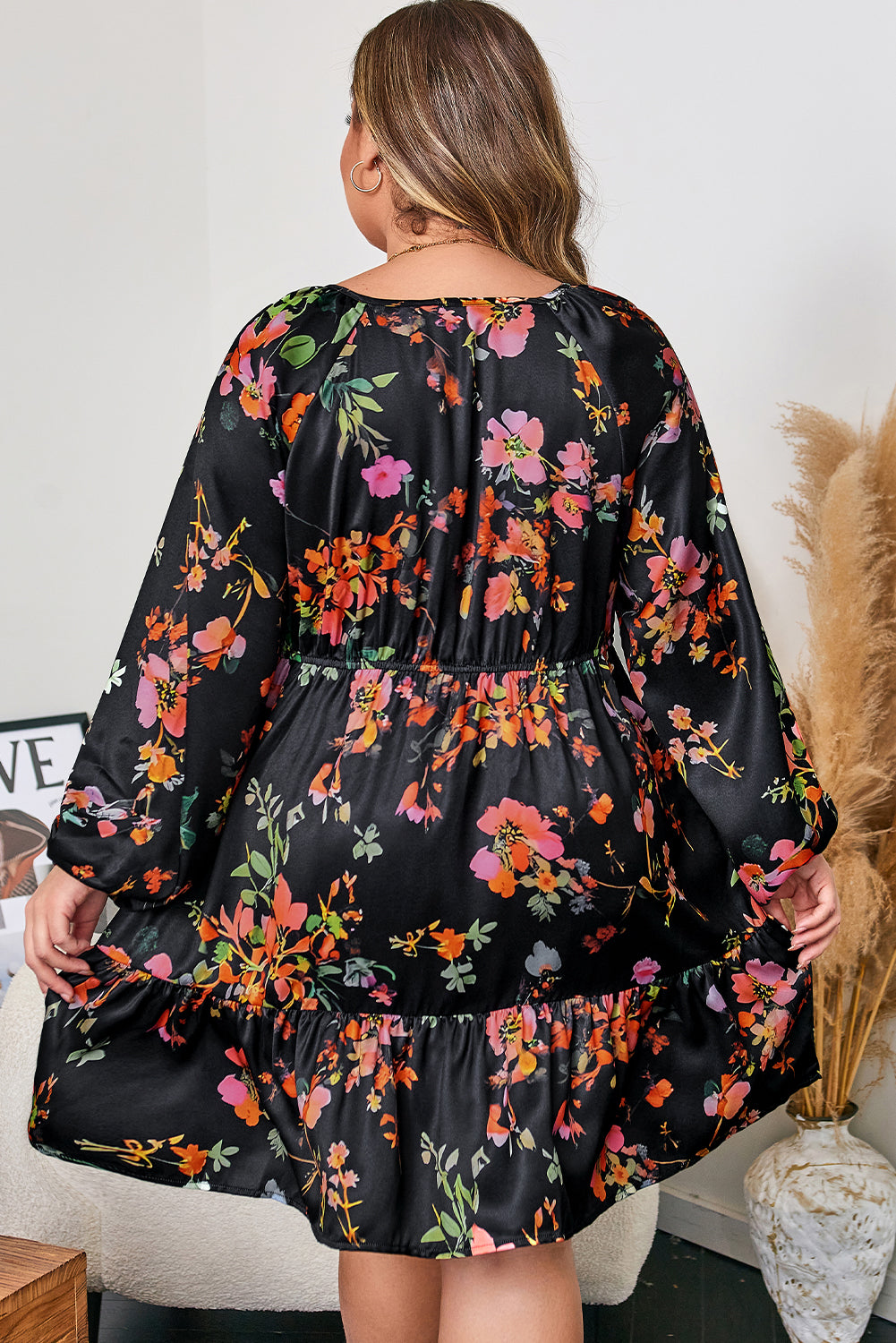 Plus Size Floral Print Tie Neck Cinched Waist Long Sleeve Mini Dress