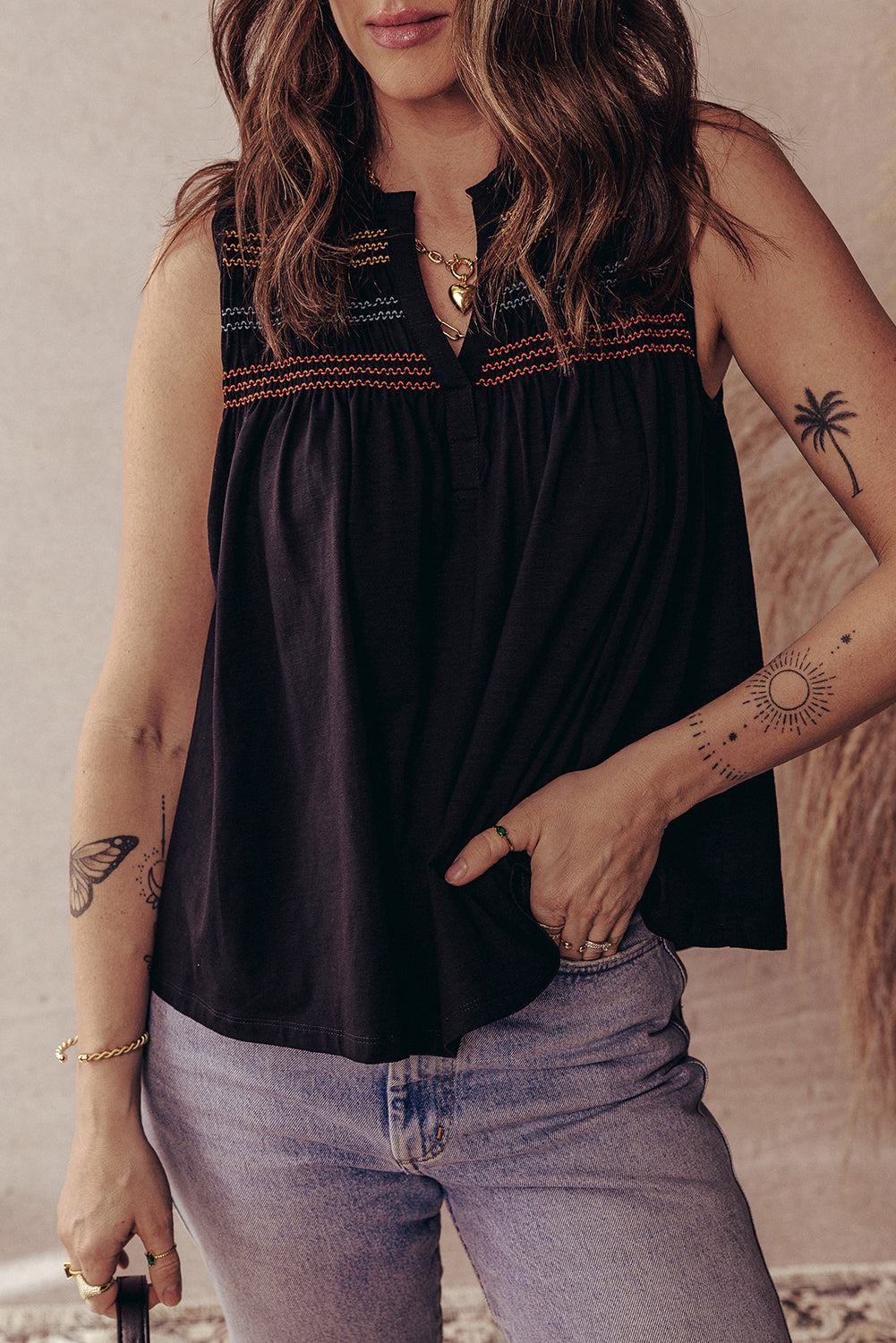 Colorful Shirred Yoke Notched V Neck Tank Top