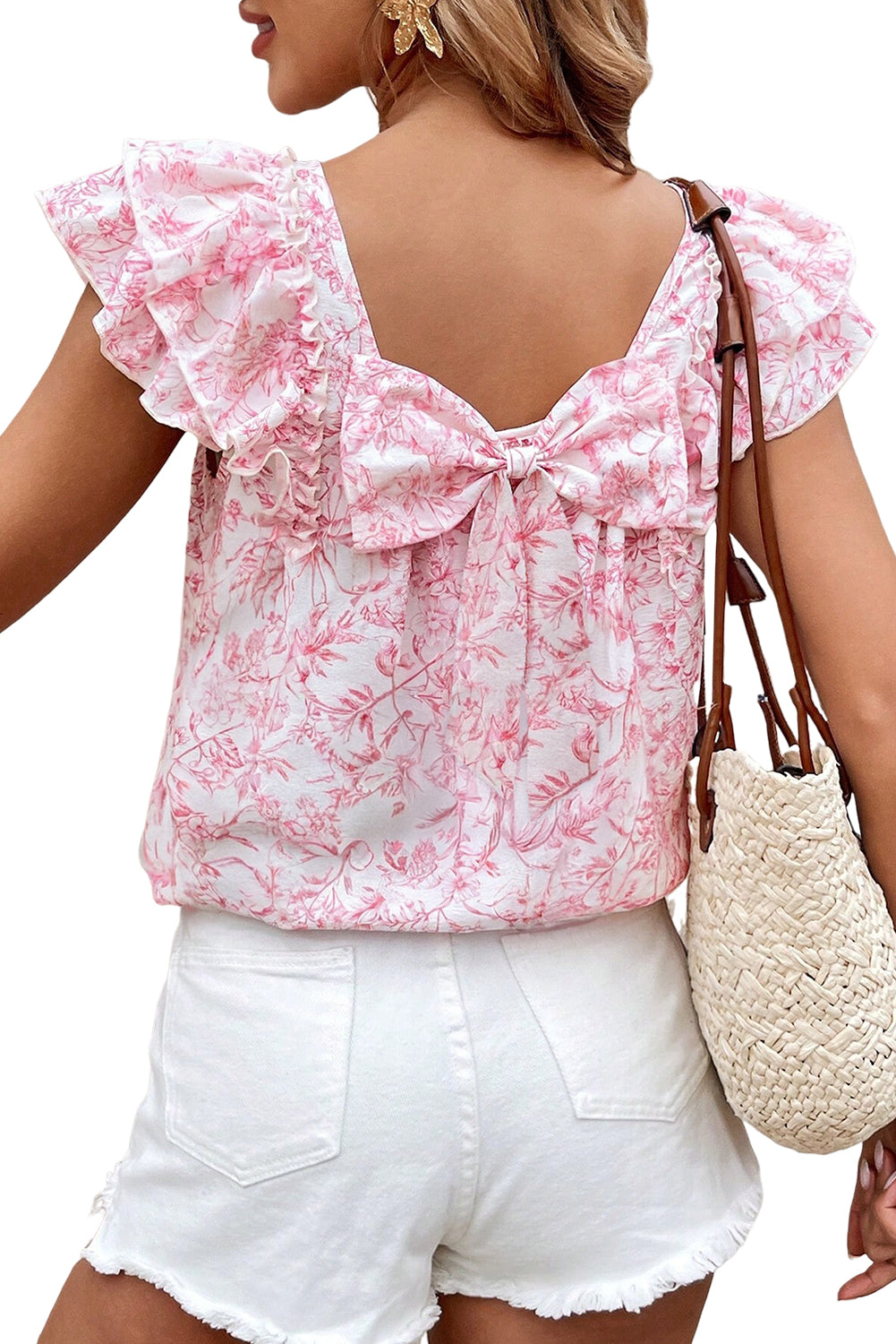 Floral Ruffled Short Sleeve Bow Back Square Neck Blouse