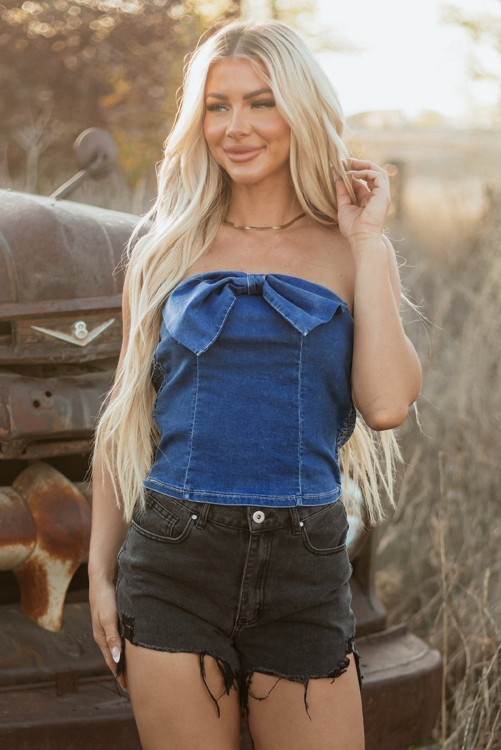 Vintage Bow Front Smocked Back Denim Tube Top