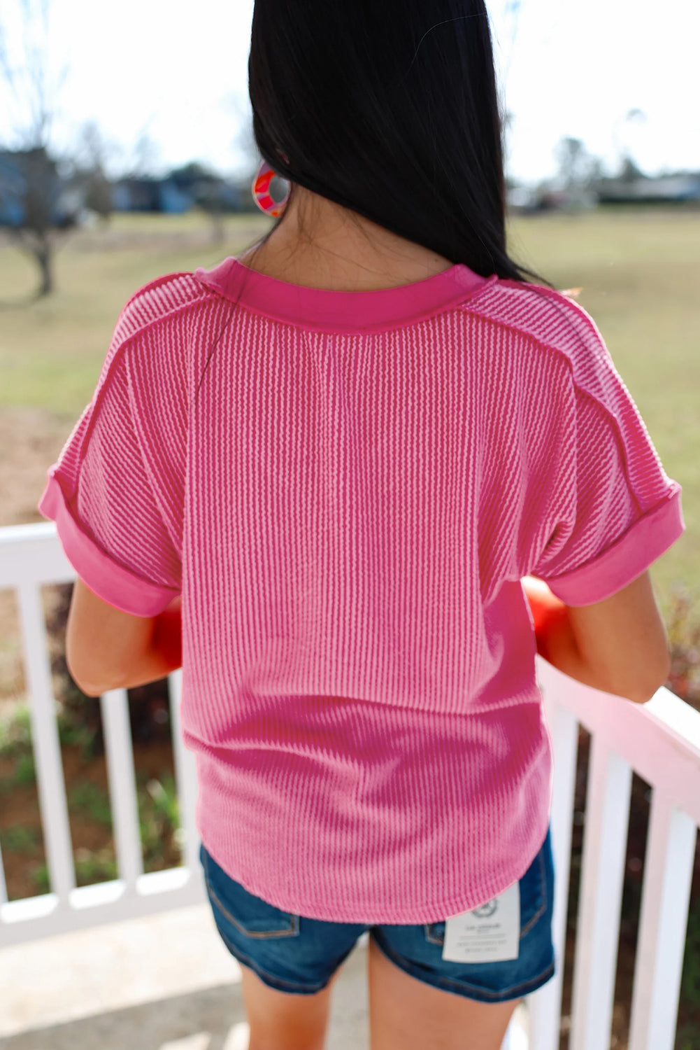 Twisted Ribbed Knit V Neck Casual Tee