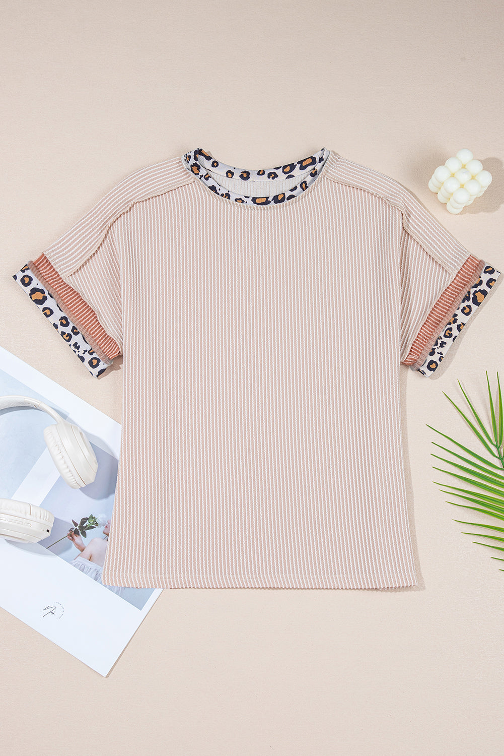 Leopard Patchwork Corded Knit Crew Neck T Shirt