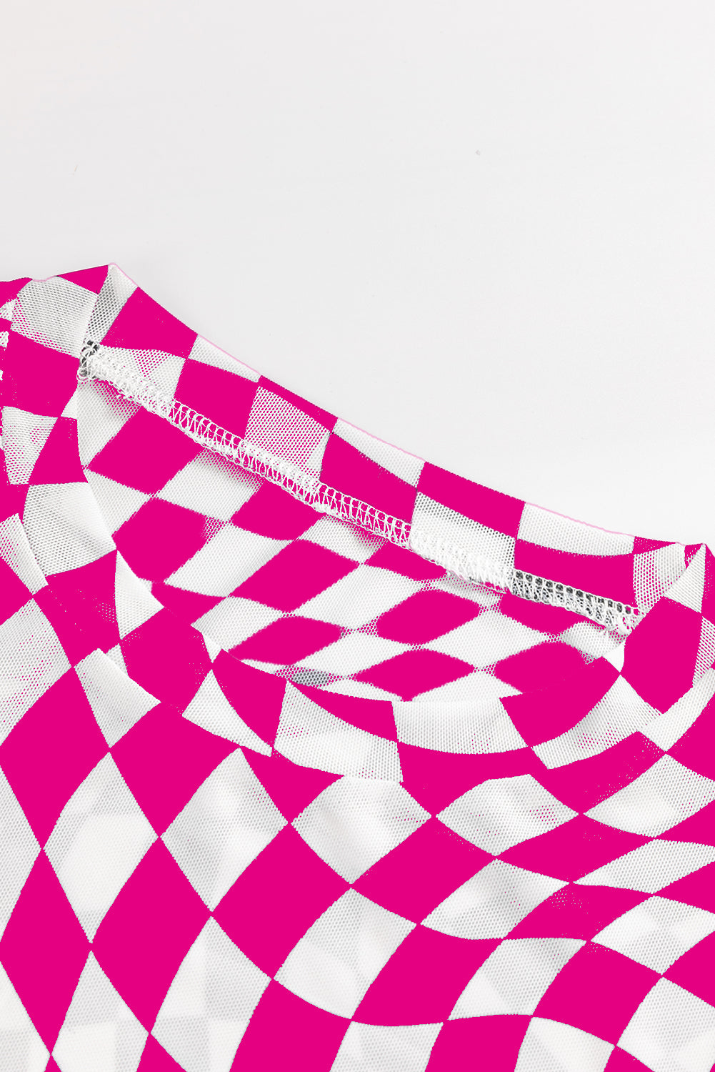 Checkered Pattern Mesh Mock Neck Long Sleeve Top