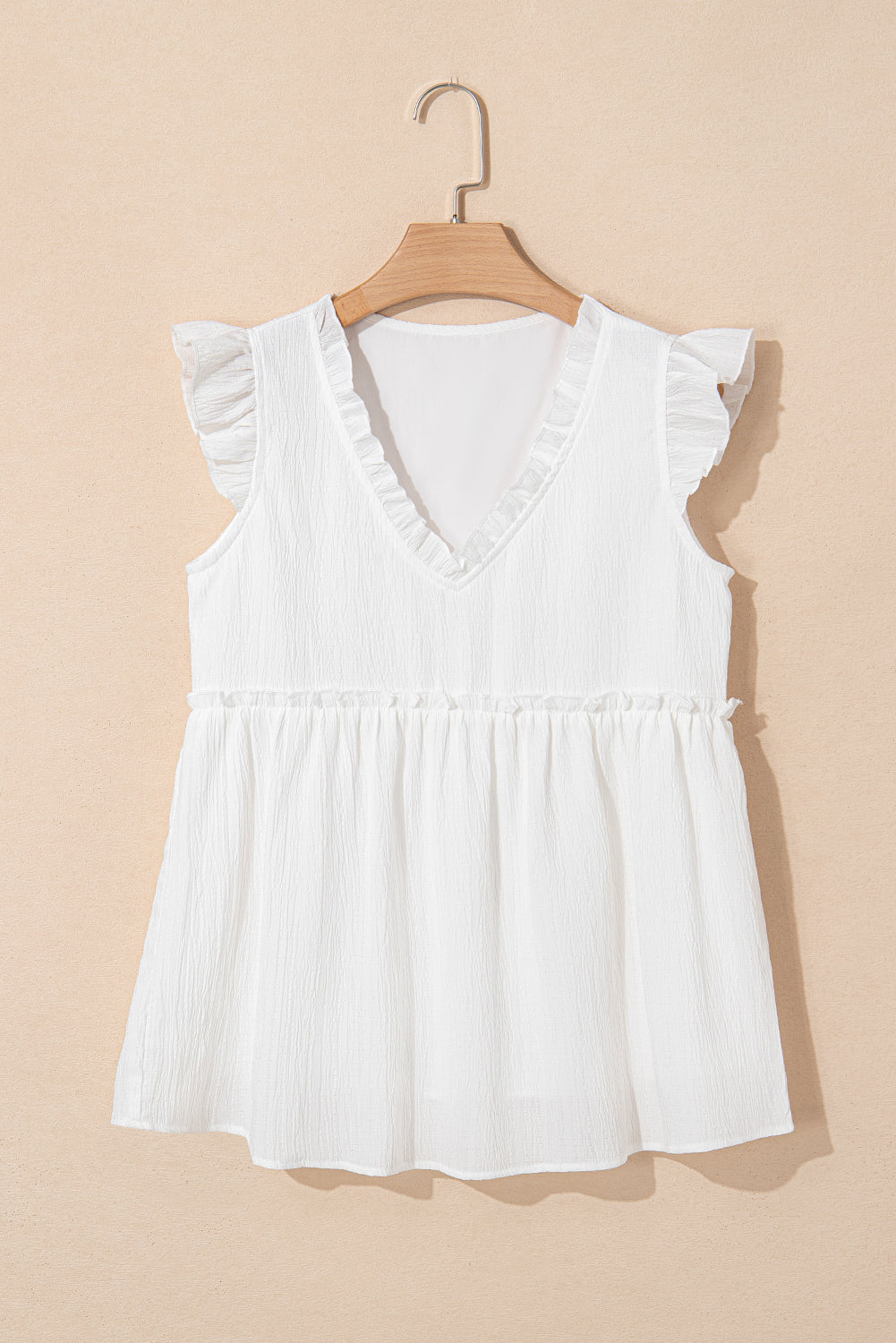 Textured Ruffled Trim V Neck Flutter Flowy Top