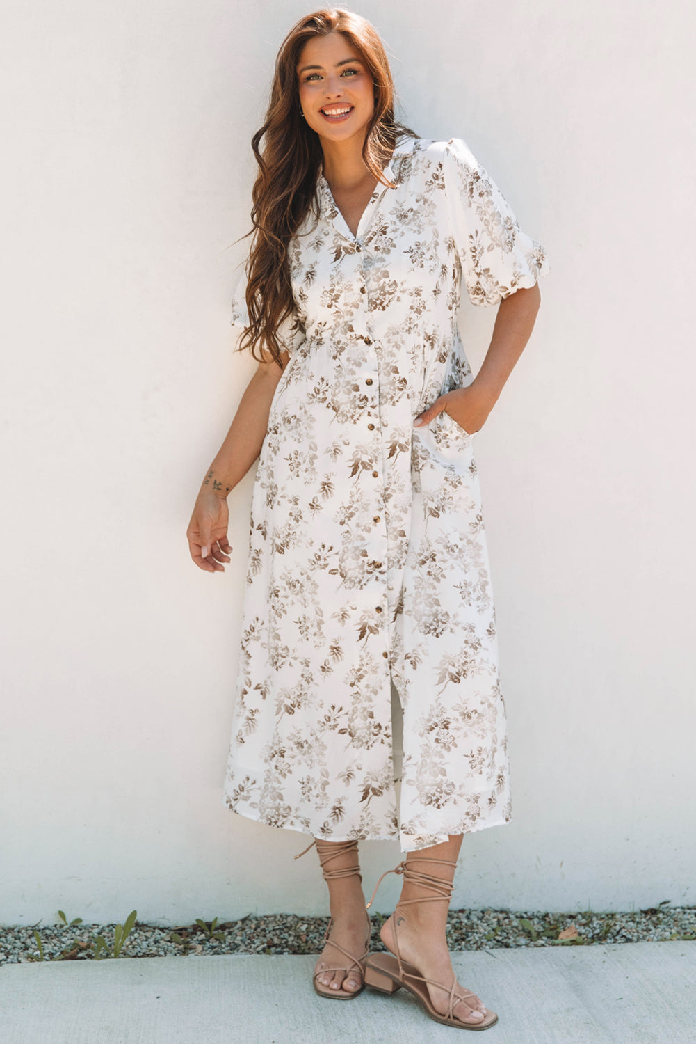 Floral Puff Sleeve V Neck Buttoned Front Maxi Dress