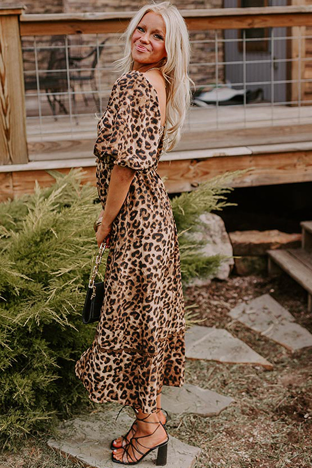 Leopard Print Bubble Sleeve Square Neck Maxi Dress