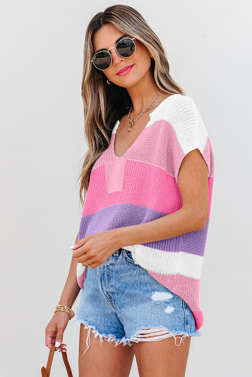 Color Block Notch V Neck Sweater T Shirt