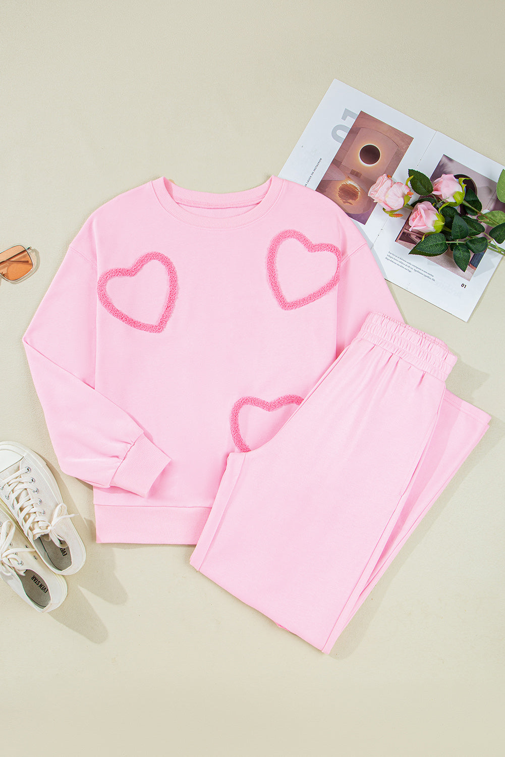 Chenille Heart Pattern Casual 2pcs Pants Set