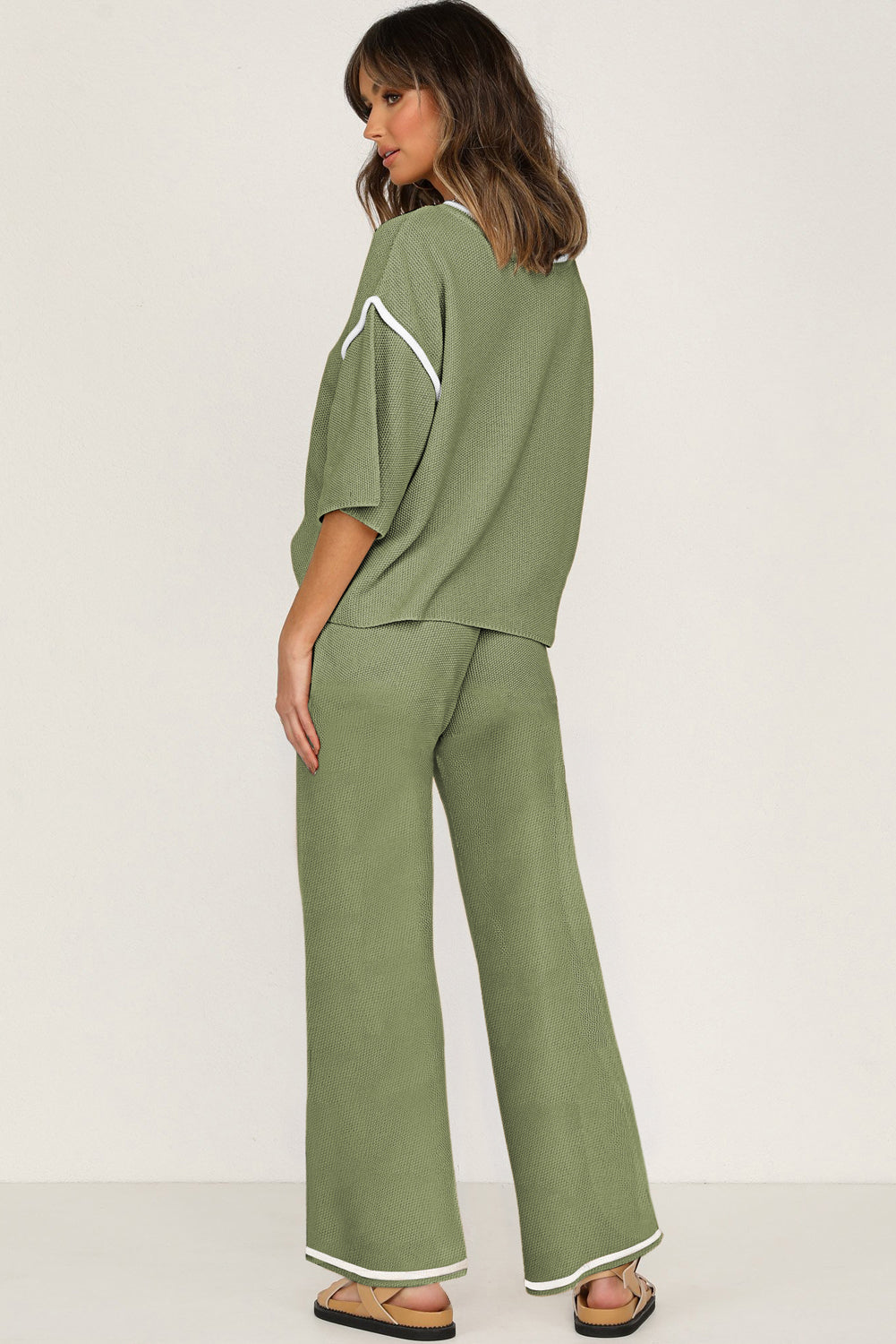 Contrast Trim Half Sleeve Top Drawstring Pants Loose 2pcs Sweater Suit