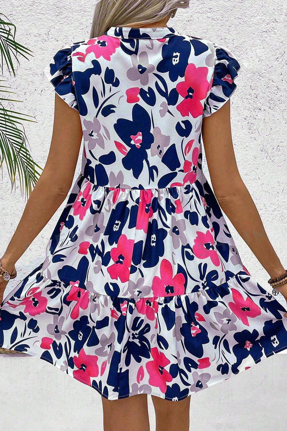 Floral Print Notched Neck Flutter Sleeve Mini Dress