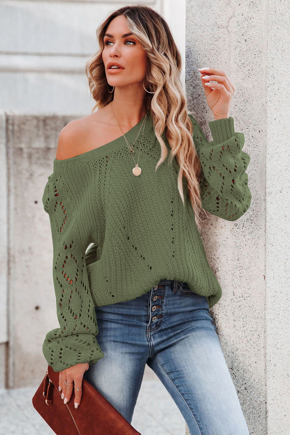 Hollow-out Puffy Sleeve Knit Sweater