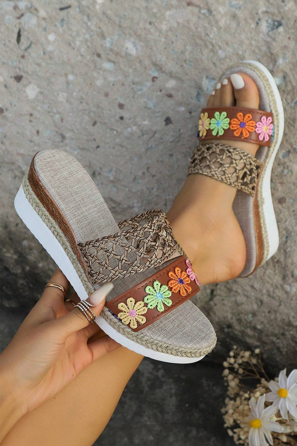 Floral Print Braided Details Wedge Sandals