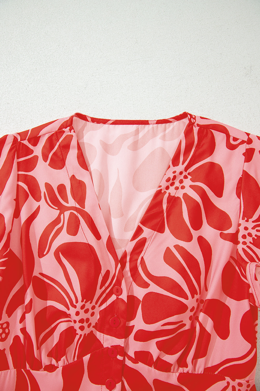 Boho Floral Short Sleeve V Neck Buttoned Shirred Waist Long Dress