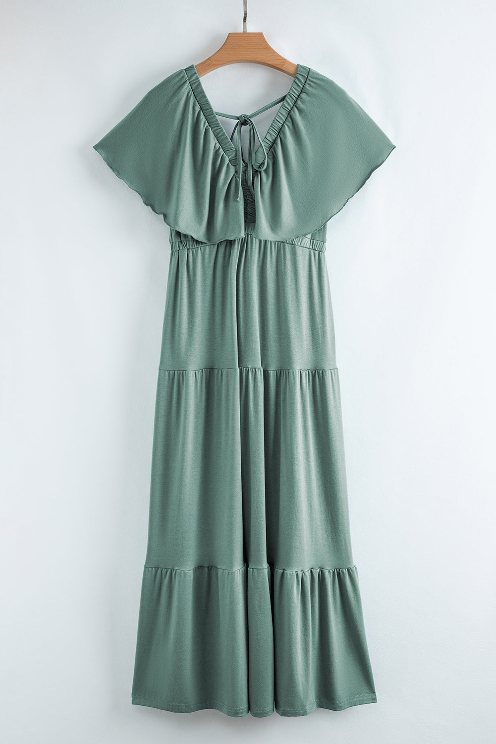 Textured V Neck Flutter Sleeve Ruffled Maxi Dress