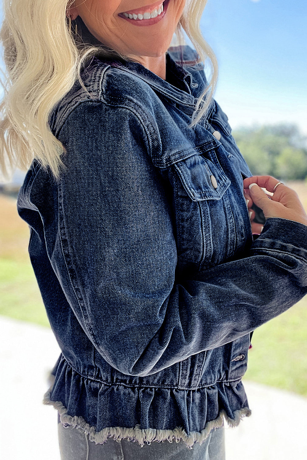 Ruffle Raw Hem Flap Pockets Denim Jacket