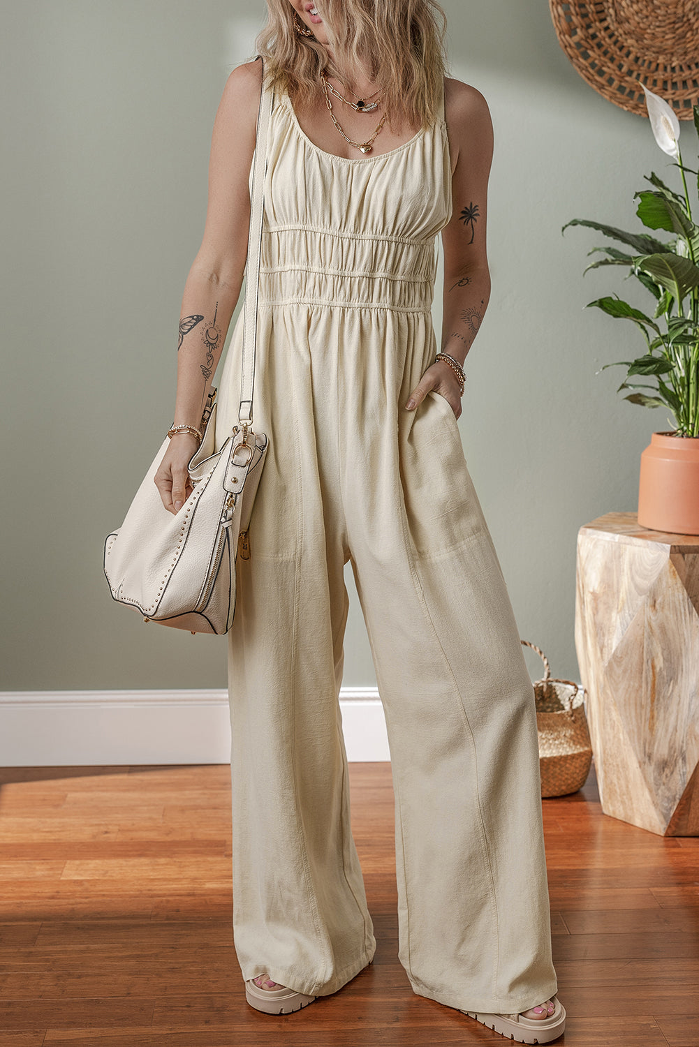 Ruched High Waist Sleeveless Wide Leg Jumpsuit