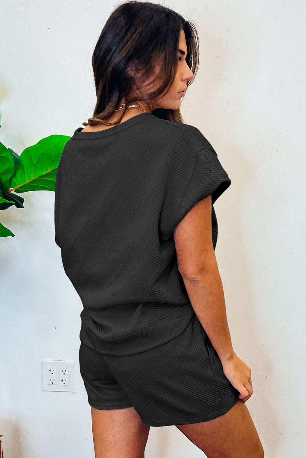 2pcs Solid Textured Drawstring Shorts Set