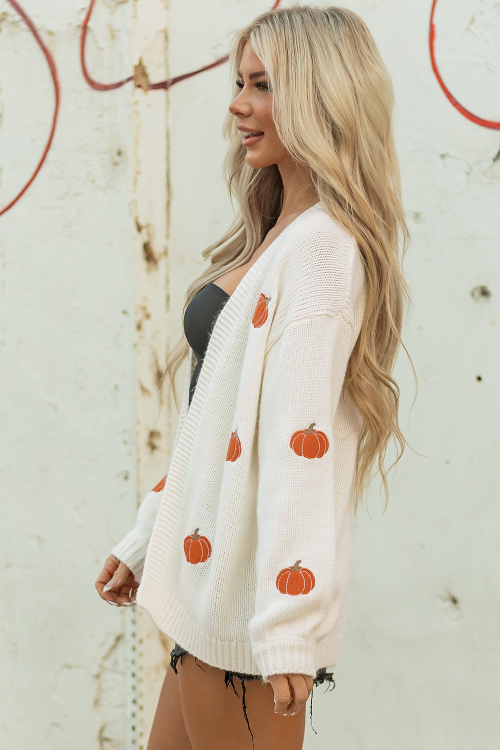 Pumpkin Print Open Front Drop Shoulder Midi Cardigan