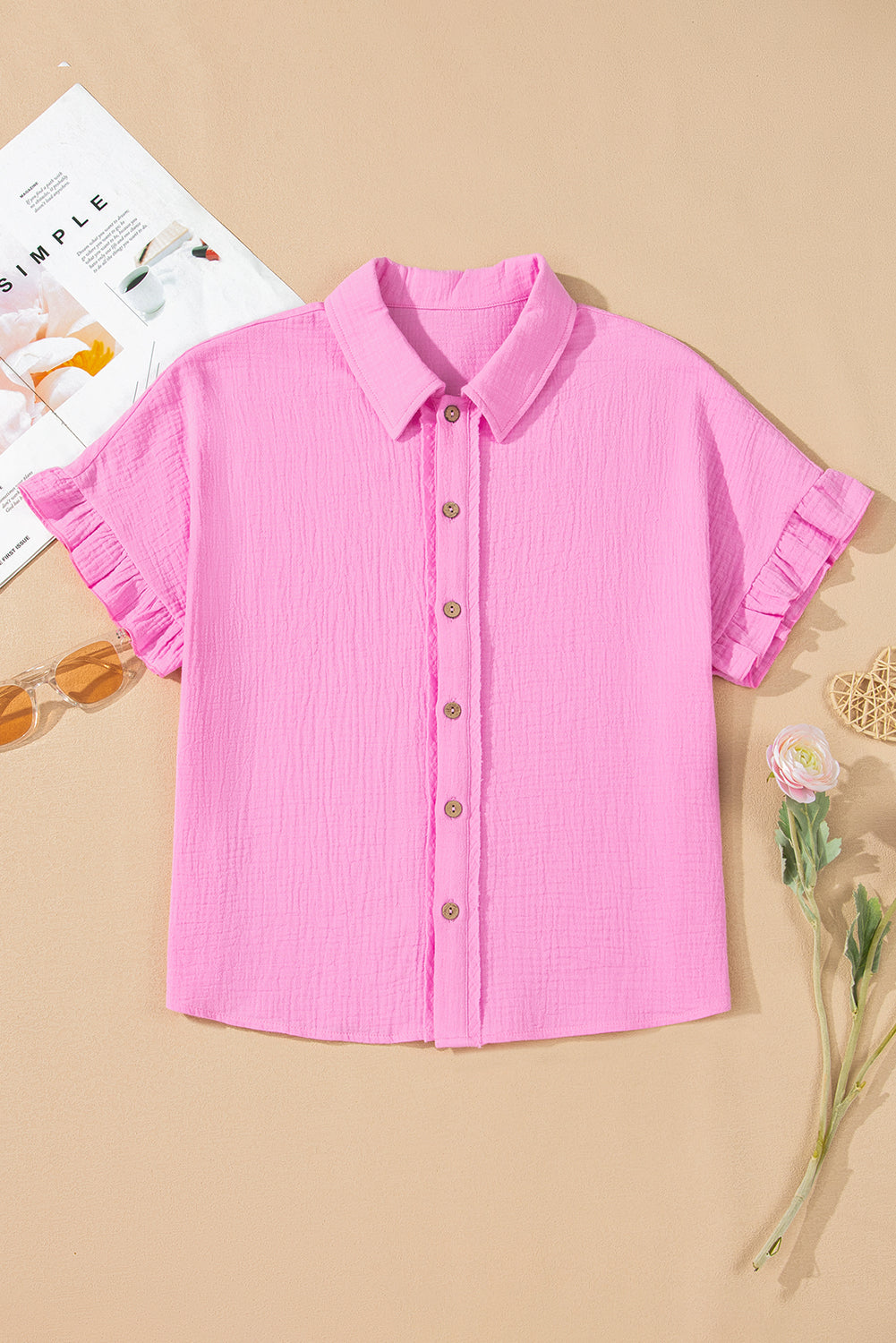 Mineral Wash Textured Ruffle Trim Short Sleeve Shirt