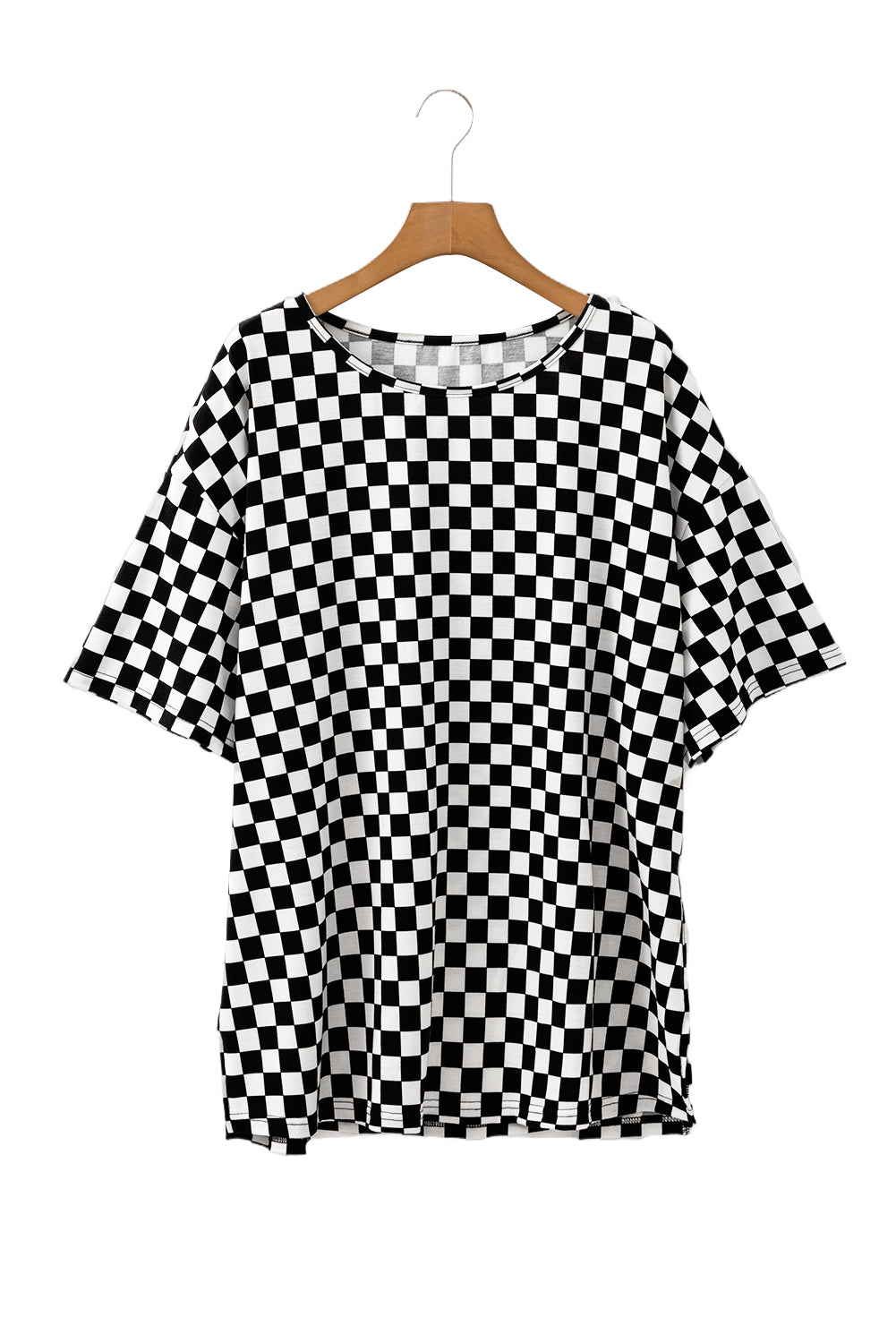 Checkered Print Side Slits O Neck Plus Size T Shirt