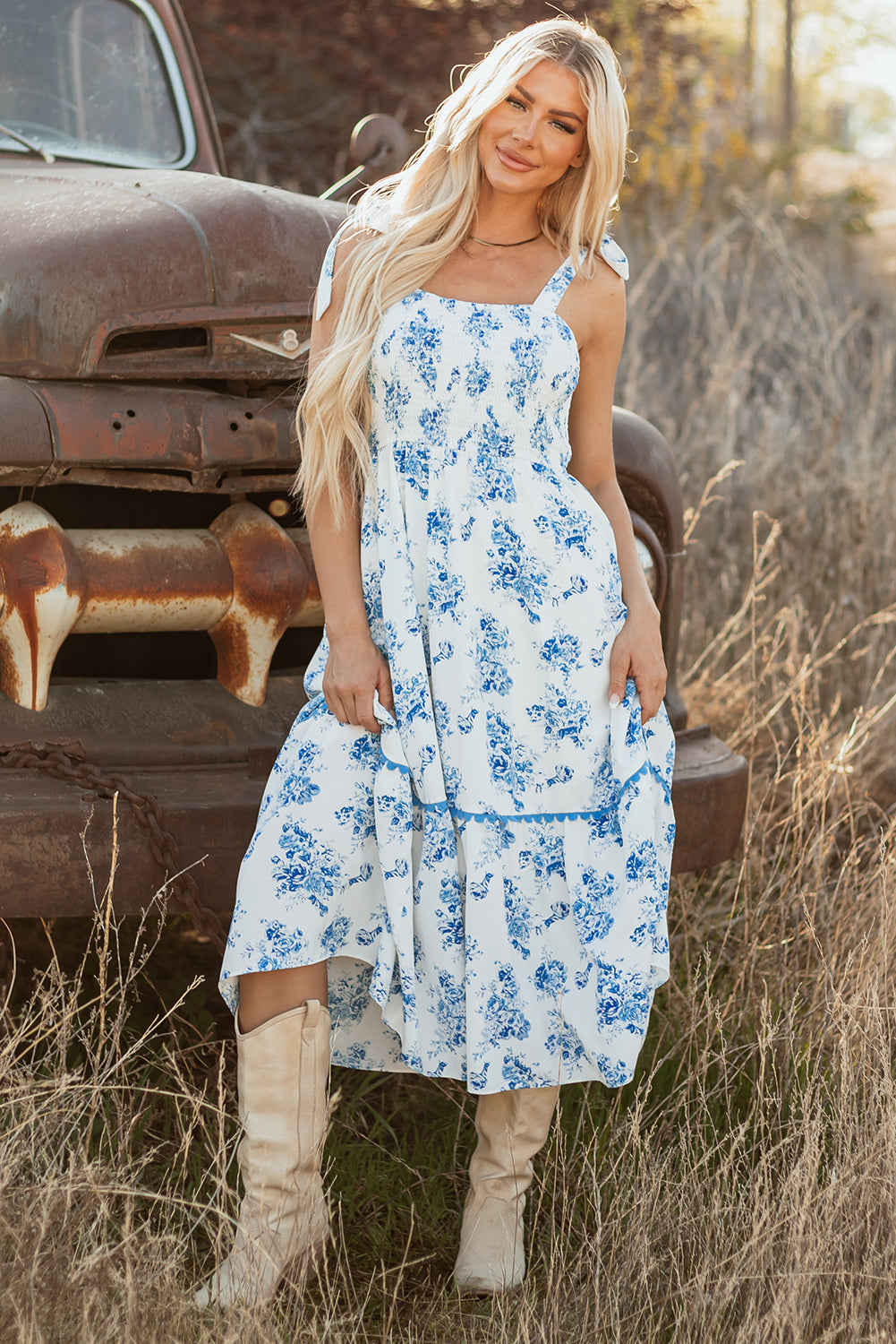 Floral Print Shirred Knot Shoulder Sleeveless Long Dress