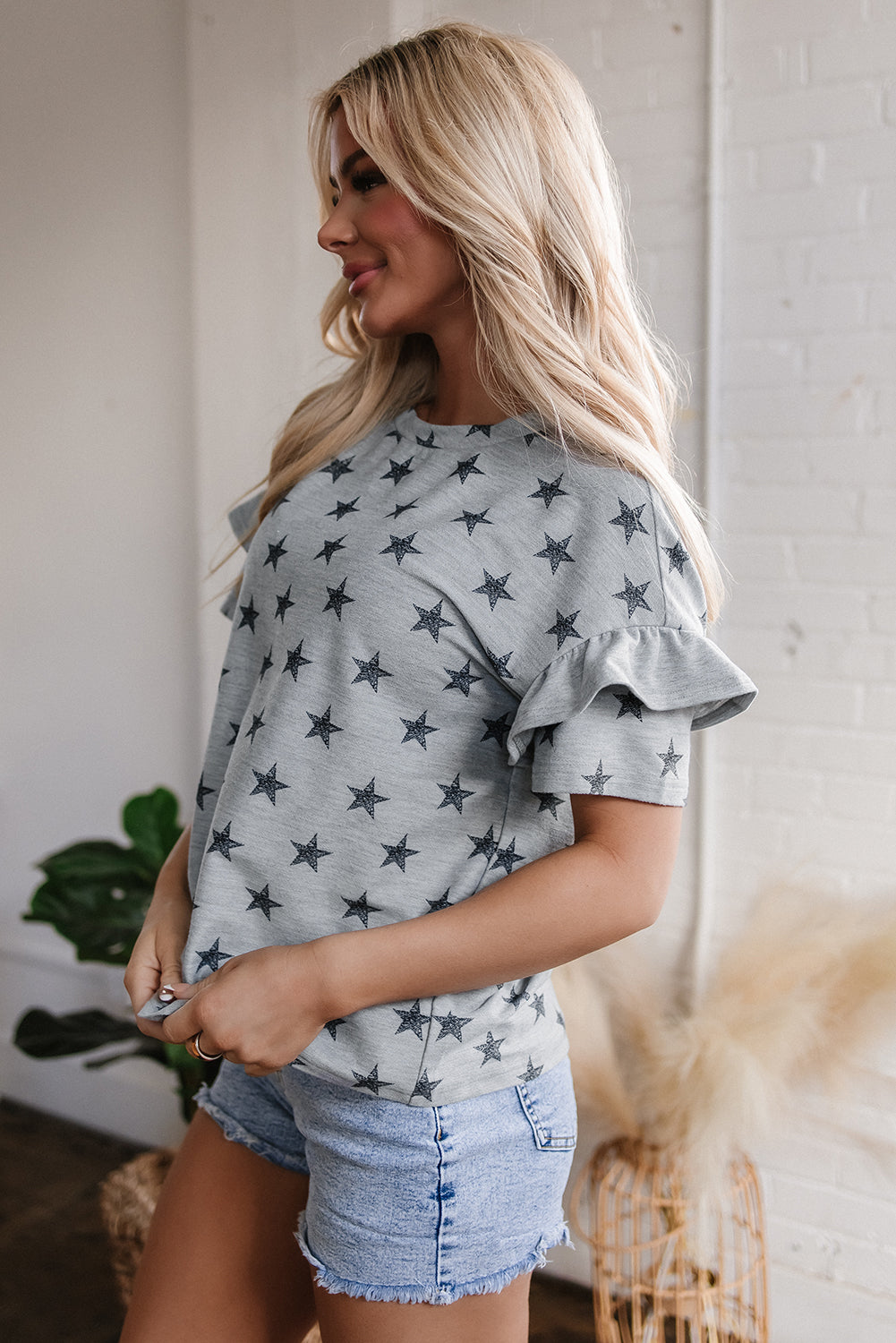Star Print Tiered Ruffled Sleeve Crew Neck T Shirt