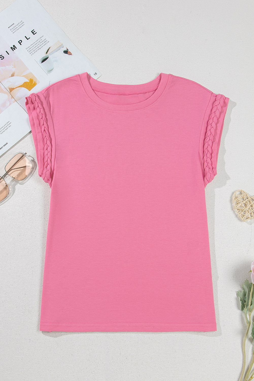 Braided Cap Sleeve Crew Neck T Shirt