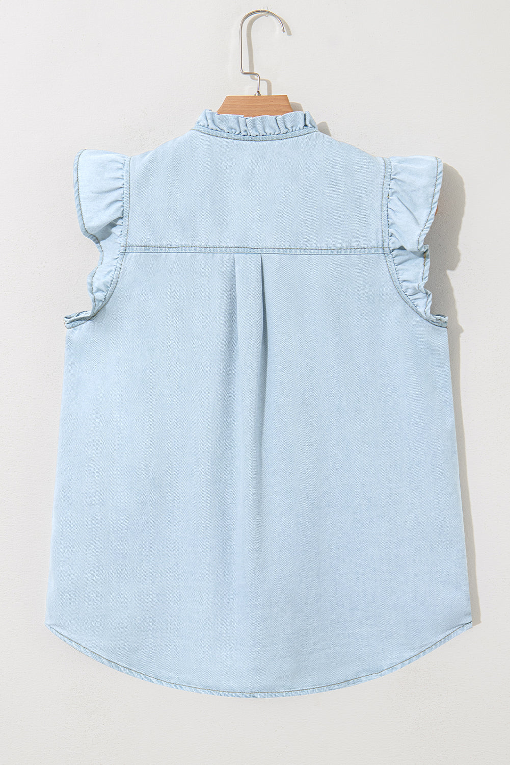 Mineral Wash Cap Sleeve Frilled Button Up Denim Shirt