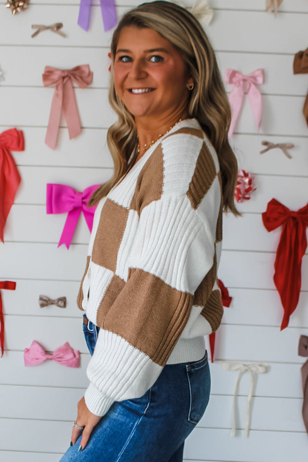 Checkered Pattern Ribbed Detail Button V Neck Sweater Cardigan