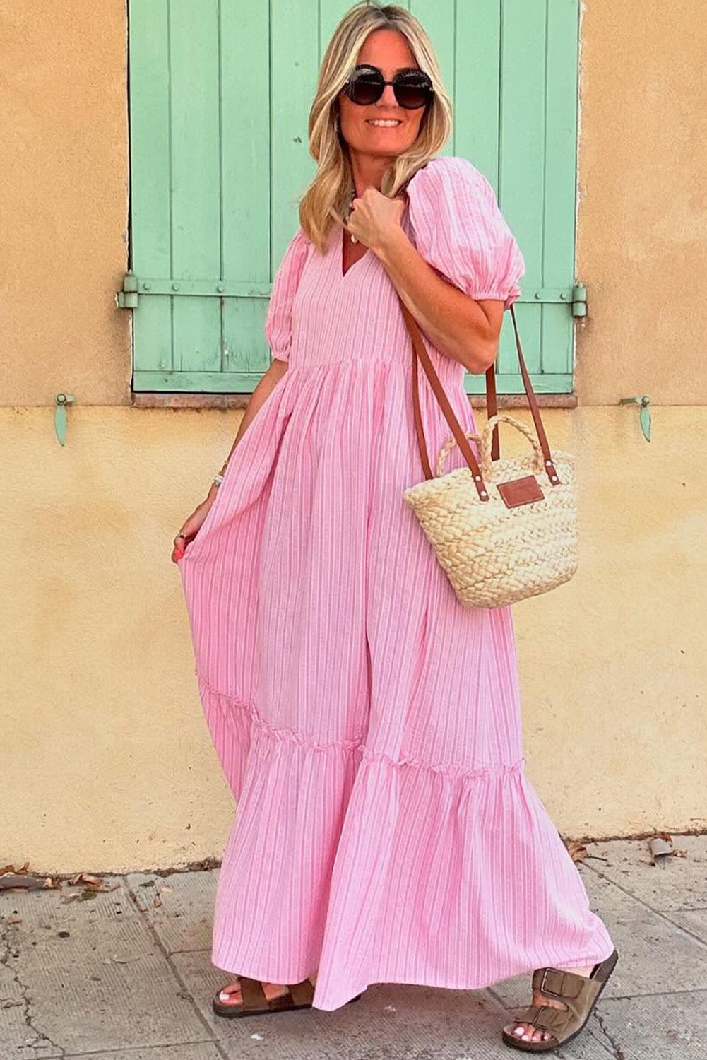 Stripe V Neck Puff Short Sleeve Maxi Dress
