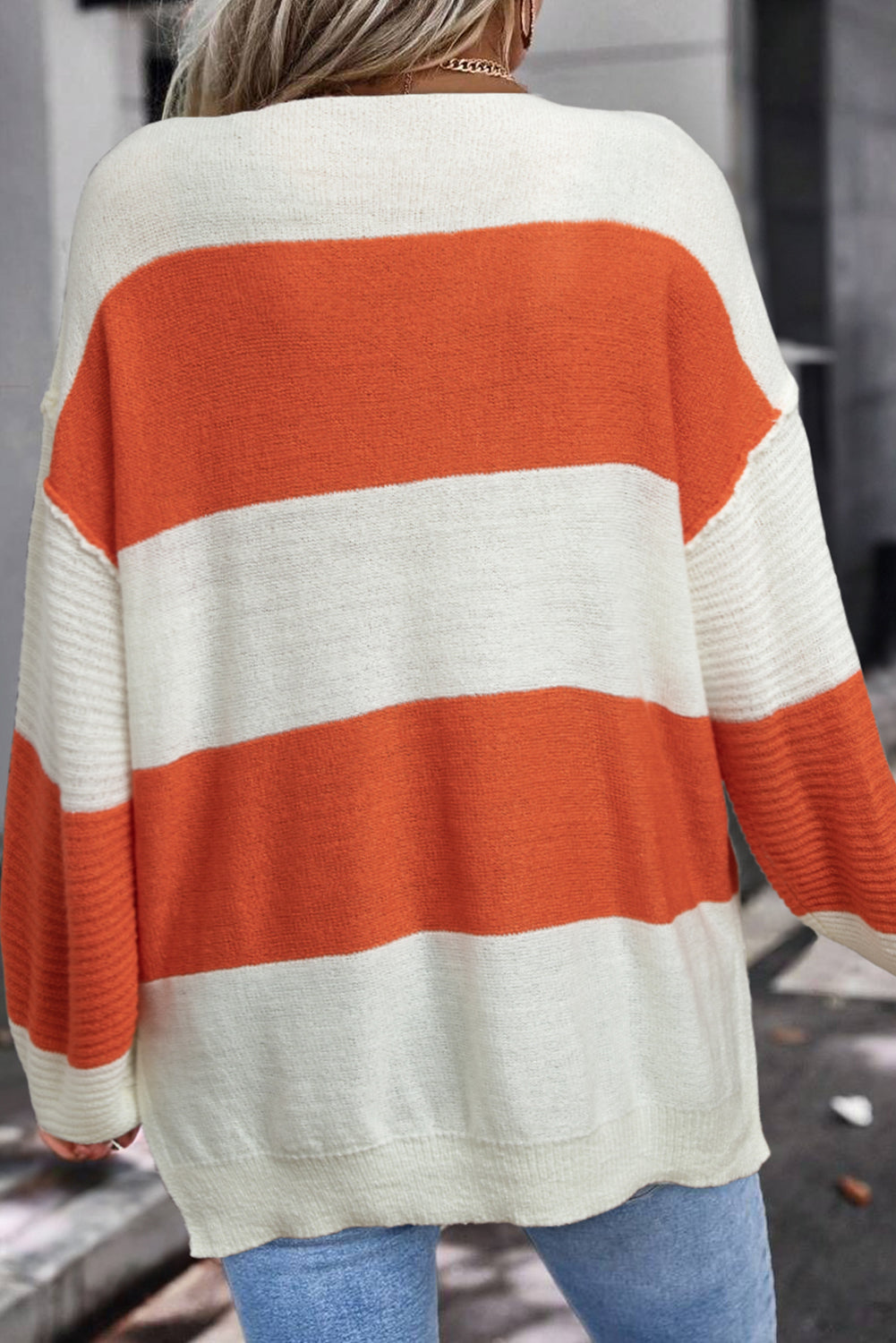Loose Color Block Drop Shoulder Bubble Sleeve Sweater