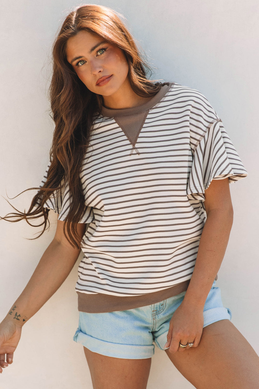 Contrast Detail Striped Ruffle Short Sleeve Top